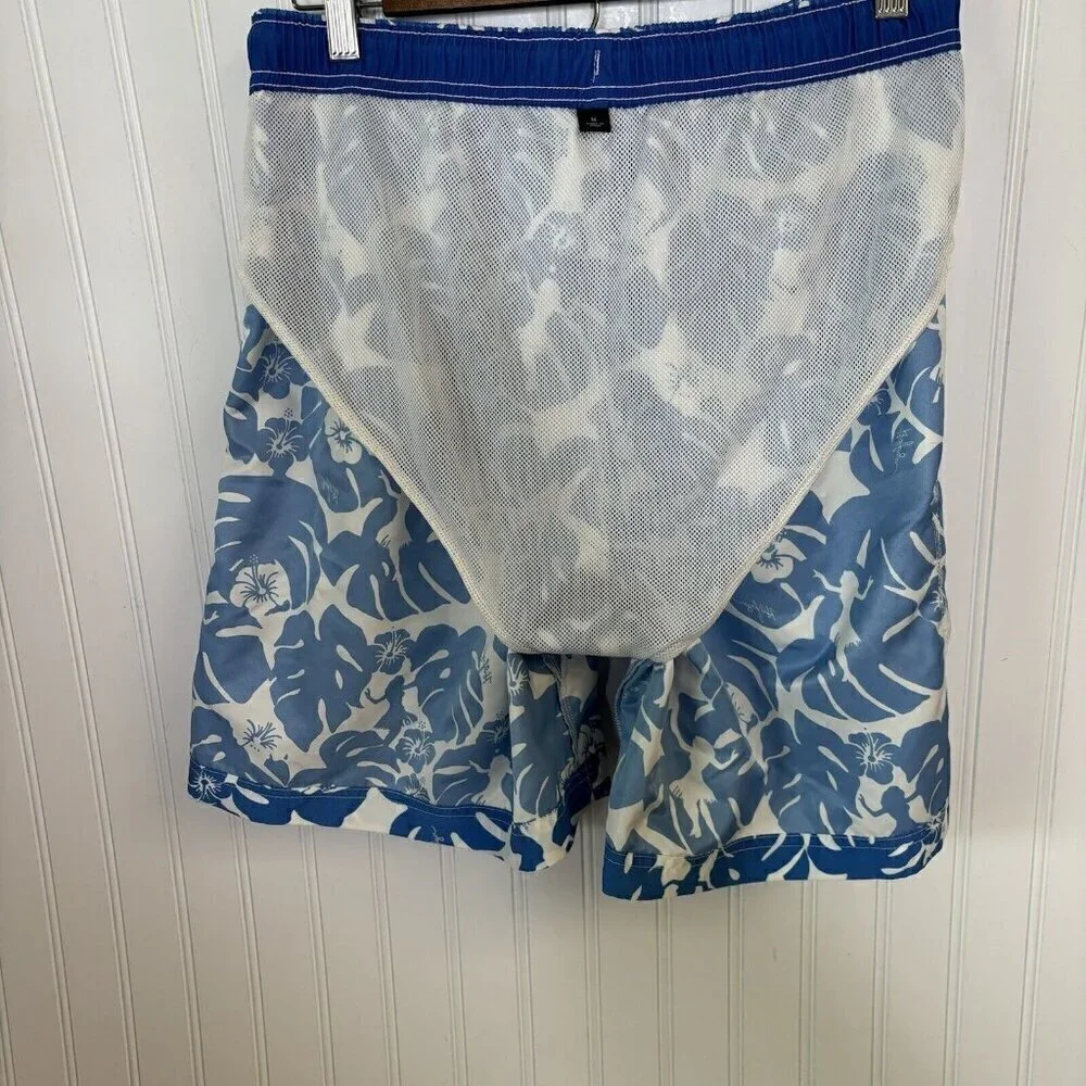 Tommy Hilfiger Mens Medium Blue White Tropical Hula Girl Print Swim Short Trunks